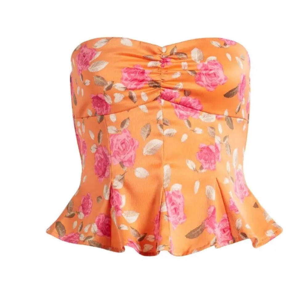 WAYF Eleanor Floral Strapless Peplum Top in orange